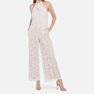 Julia  Jordan White Nude Lace Halter Wide-Leg Jumpsuit